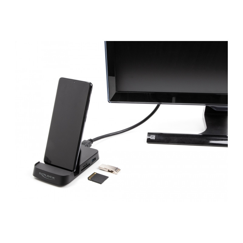 Delock Smartphone Dockingstation 4K mit integrierter Halterung - HDMI / USB / Hub / SD / Micro SD für Android oder Windows