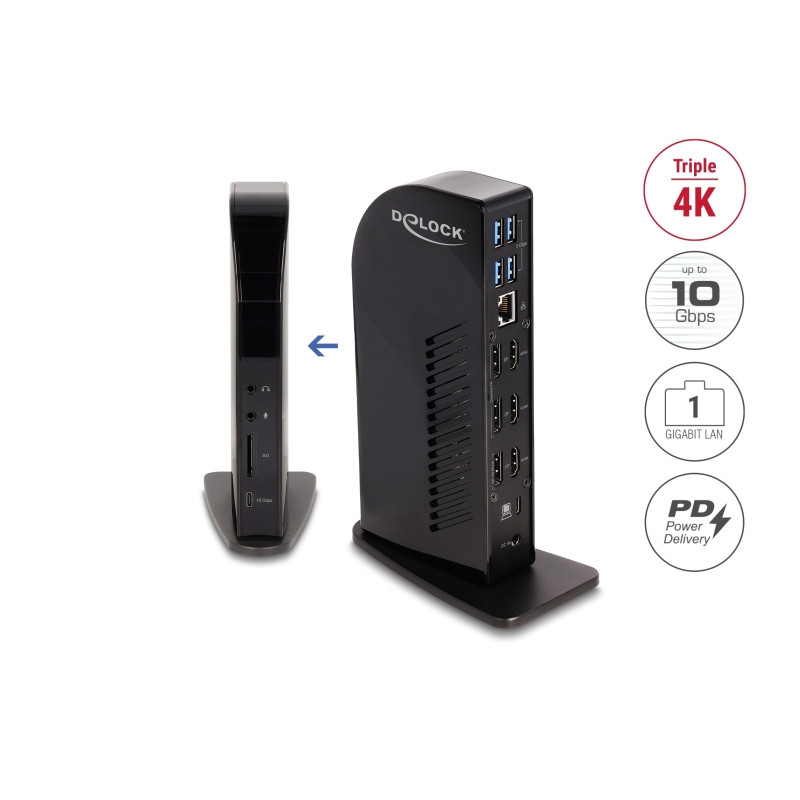 Delock USB Type-C™ Triple Display Dockingstation mit DisplayLink® 4K / USB Hub / LAN / SD / Audio / PD 96 W