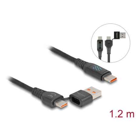 Delock USB 2.0 Daten- und Schnellladekabel USB Type-C™ + USB Typ-A Stecker zu USB Type-C™ Stecker PD 3.1 140 W mit Leistungsanze
