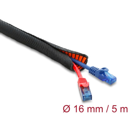 Delock Kabelschutzschlauch mit orangener Verschleißanzeige selbstschließend doppellagig 5 m x 16 mm schwarz
