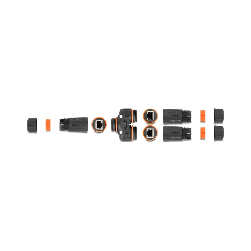Delock Kabelverbinder Y-Adapter RJ45 Buchse zu 2 x RJ45 Buchse Cat.6 IP68 staub- und wasserdicht Outdoor
