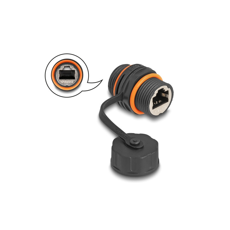 Delock Kabelverbinder RJ45 Buchse zu RJ45 Buchse Cat.6A mit M20 Gewinde und Verschlusskappe IP68 staub- und wasserdicht