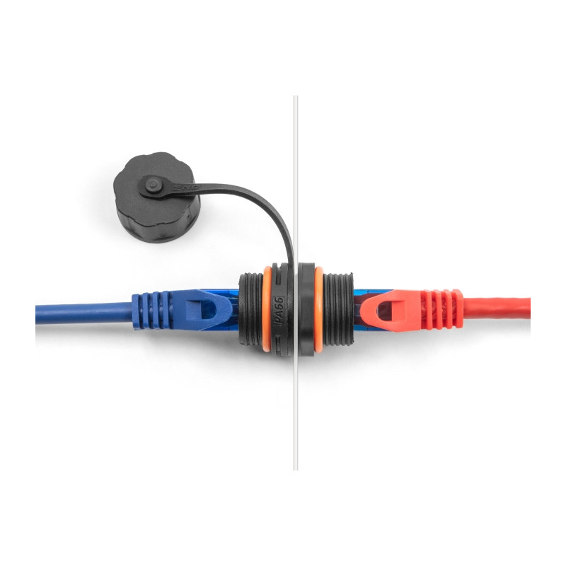 Delock Kabelverbinder RJ45 Buchse zu RJ45 Buchse Cat.6A mit M20 Gewinde und Verschlusskappe IP68 staub- und wasserdicht