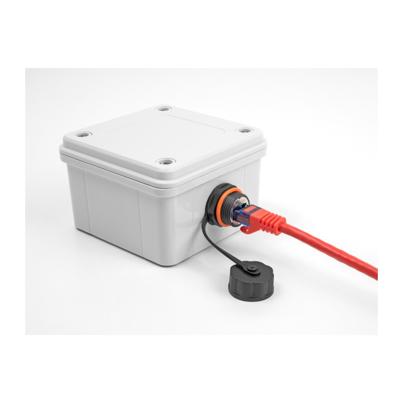Delock Kabelverbinder RJ45 Buchse zu RJ45 Buchse Cat.6A mit M20 Gewinde und Verschlusskappe IP68 staub- und wasserdicht