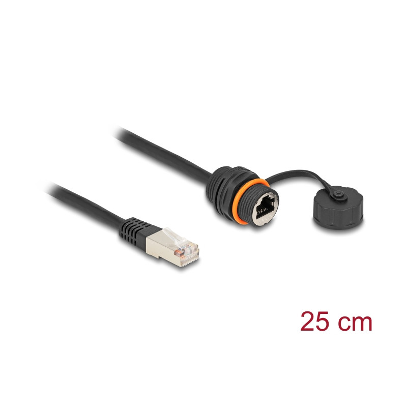Delock Kabel RJ45 Stecker zu RJ45 Buchse Cat.6A zum Einbau mit M20 Gewinde und Verschlusskappe IP68 staub- und wasserdicht 25 cm