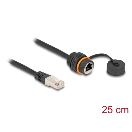 Delock Kabel RJ45 Stecker zu RJ45 Buchse Cat.6A zum Einbau mit M20 Gewinde und Verschlusskappe IP68 staub- und wasserdicht 25 cm
