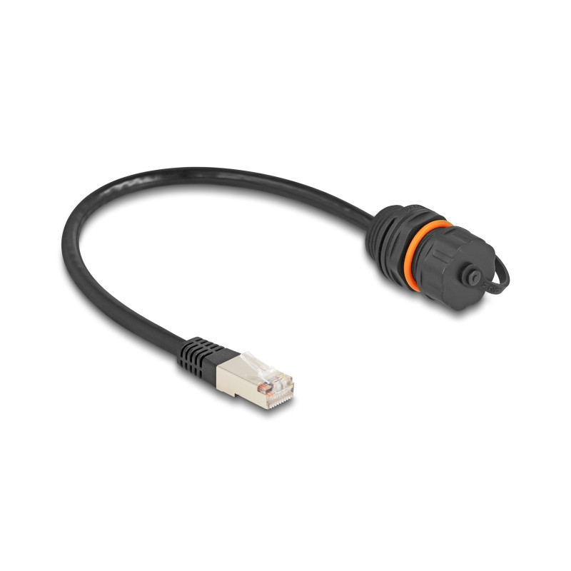 Delock Kabel RJ45 Stecker zu RJ45 Buchse Cat.6A zum Einbau mit M20 Gewinde und Verschlusskappe IP68 staub- und wasserdicht 25 cm