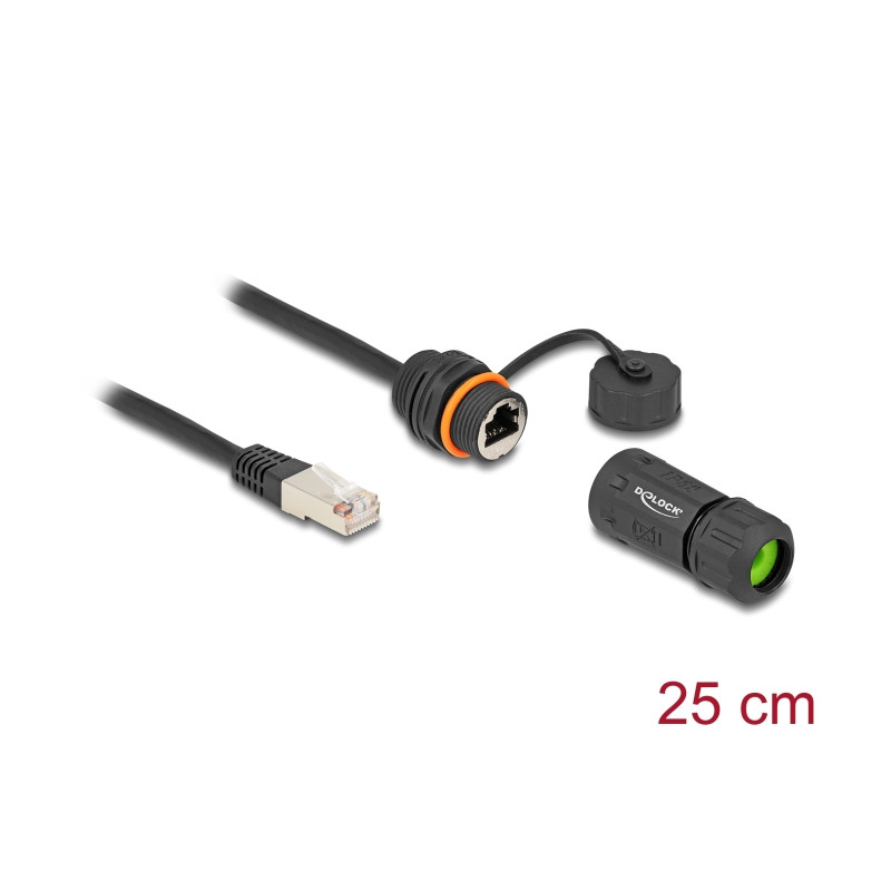 Delock Kabel RJ45 Stecker zu RJ45 Buchse Cat.6A zum Einbau mit M20 Gewinde und Gehäuse IP68 staub- und wasserdicht 25 cm schwarz