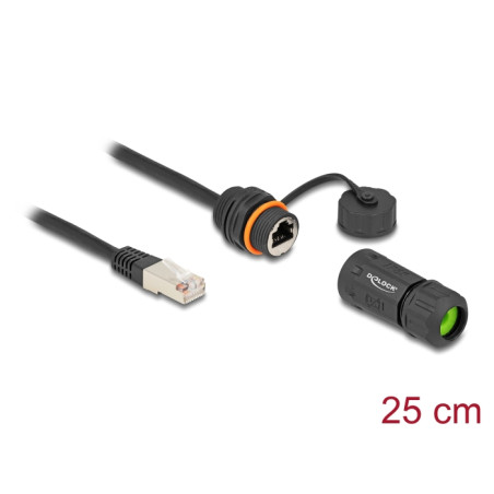 Delock Kabel RJ45 Stecker zu RJ45 Buchse Cat.6A zum Einbau mit M20 Gewinde und Gehäuse IP68 staub- und wasserdicht 25 cm schwarz