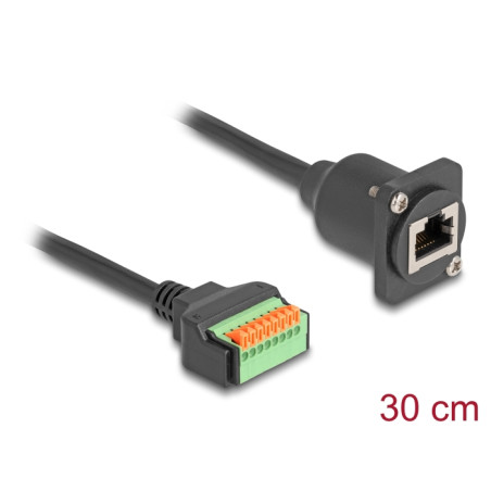 Delock D-Typ Kabel RJ45 Buchse zu Terminalblock mit Drucktaster Cat.5e schwarz 30 cm