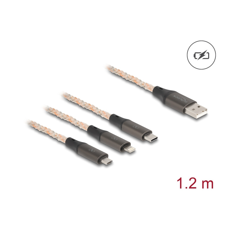 Delock USB RGB Ladekabel 3 in 1 Typ-A zu Lightning™ / Micro USB / USB Type-C™ 1,20 m