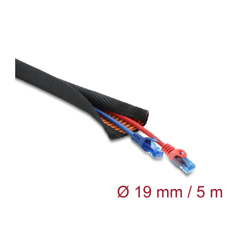 Delock Kabelschutzschlauch mit orangener Verschleißanzeige selbstschließend doppellagig 5 m x 19 mm schwarz