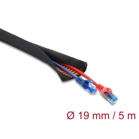Delock Kabelschutzschlauch mit orangener Verschleißanzeige selbstschließend doppellagig 5 m x 19 mm schwarz