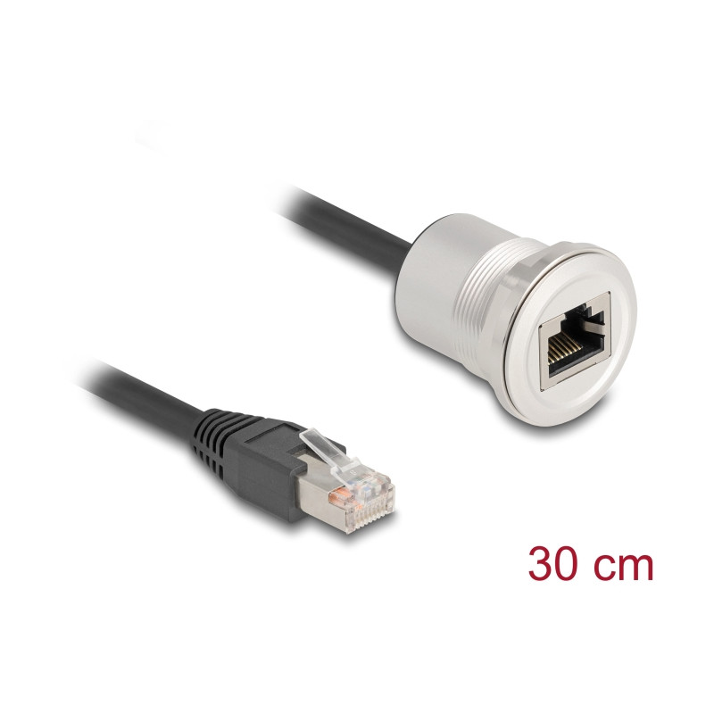 Delock RJ45 Einbaubuchse mit Kabelpeitsche Stecker Cat.5e STP 30 cm Aluminium