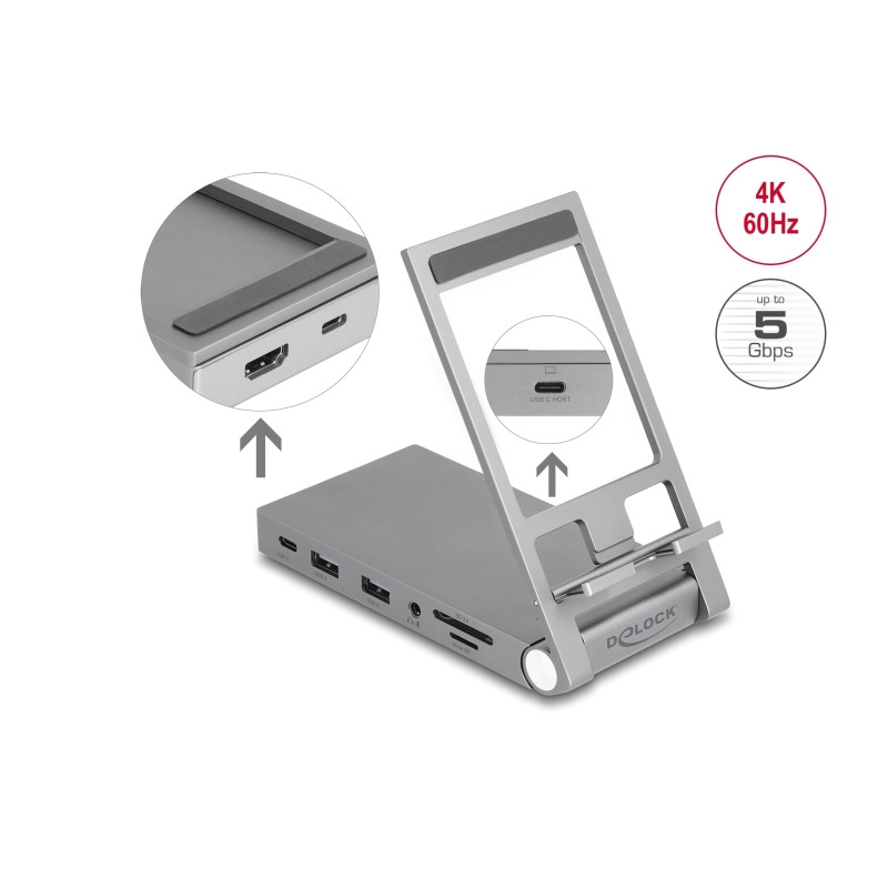 Delock Tablet und Notebook Dockingstation 4K mit integrierter Halterung - HDMI / USB / Hub / SD / Micro SD / PD 3.0 - klappbar