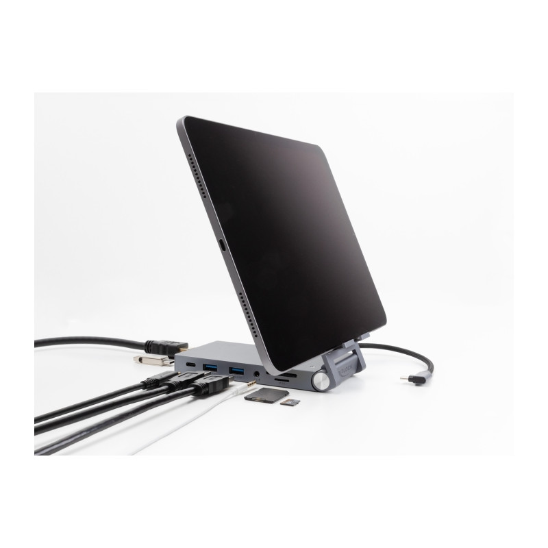 Delock Tablet und Notebook Dockingstation 4K mit integrierter Halterung - HDMI / USB / Hub / SD / Micro SD / PD 3.0 - klappbar