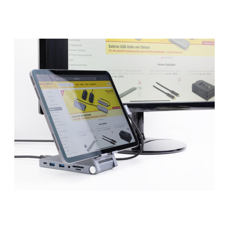 Delock Tablet und Notebook Dockingstation 4K mit integrierter Halterung - HDMI / USB / Hub / SD / Micro SD / PD 3.0 - klappbar