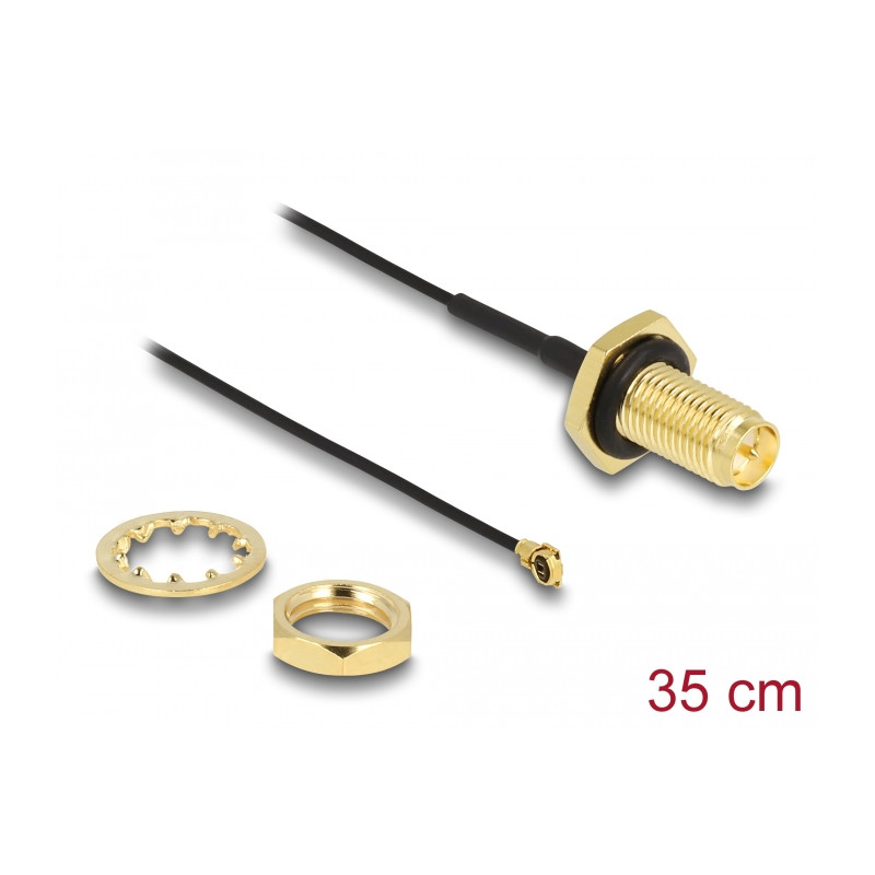 Delock Antennenkabel RP-SMA Buchse zum Einbau zu I-PEX Inc., MHF® I Stecker 1.13 35 cm Gewindelänge 10 mm spritzwassergeschützt