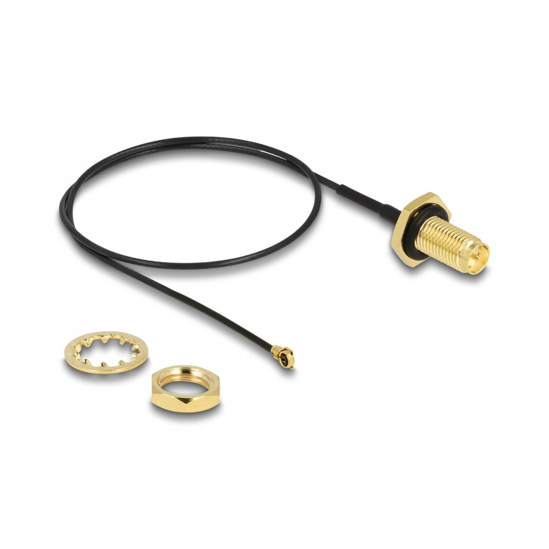 Delock Antennenkabel RP-SMA Buchse zum Einbau zu I-PEX Inc., MHF® I Stecker 1.13 35 cm Gewindelänge 10 mm spritzwassergeschützt