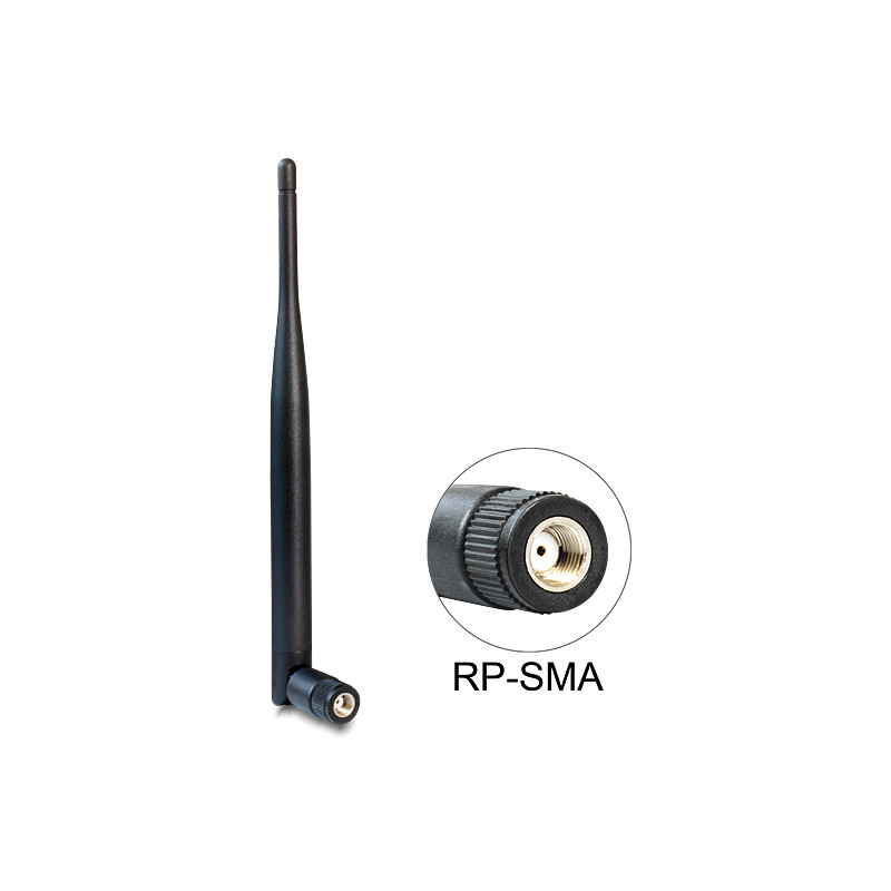 Delock WLAN 802.11 b/g/n Antenne RP-SMA Stecker 5 dBi omnidirektional mit Kippgelenk schwarz