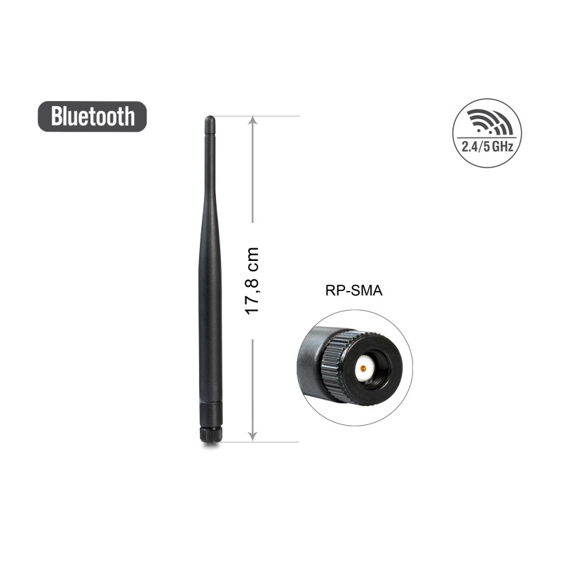 Delock WLAN 802.11 ac/a/b/g/n Antenne RP-SMA 2 dBi omnidirektional starr spritzwassergeschützt