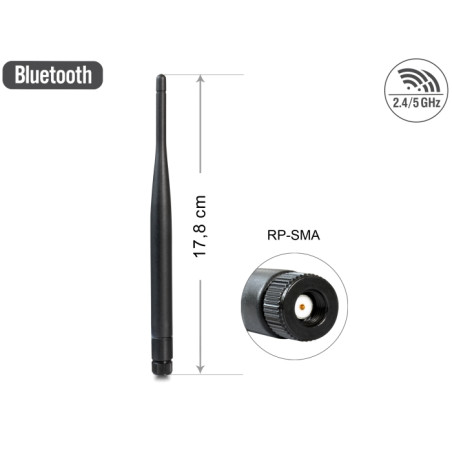 Delock WLAN 802.11 ac/a/b/g/n Antenne RP-SMA 2 dBi omnidirektional starr spritzwassergeschützt