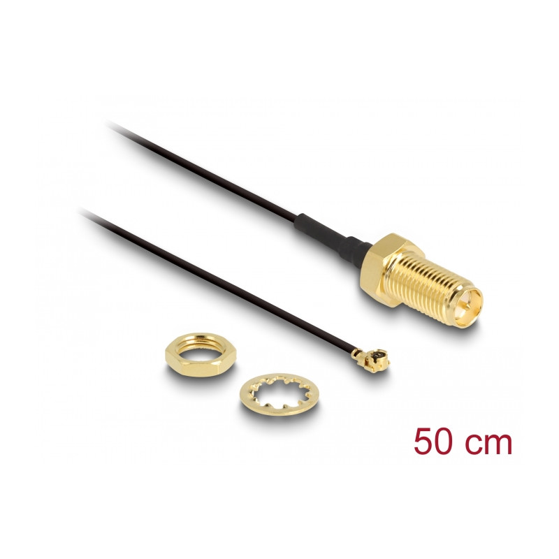 Delock Antennenkabel RP-SMA Buchse zum Einbau zu I-PEX Inc., MHF® I Stecker 1.13 50 cm Gewindelänge 10 mm