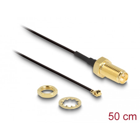 Delock Antennenkabel RP-SMA Buchse zum Einbau zu I-PEX Inc., MHF® I Stecker 1.13 50 cm Gewindelänge 10 mm