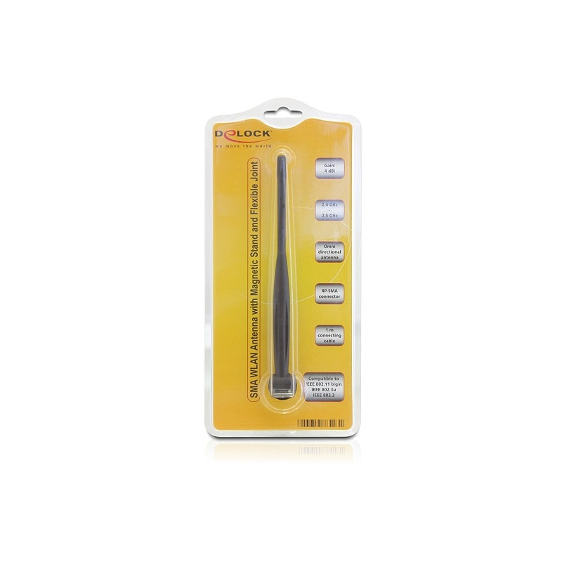 Delock WLAN 802.11 b/g/n Antenne RP-SMA 4 dBi omnidirektional Gelenk ULA100 1 m mit magnetischem Standfuß