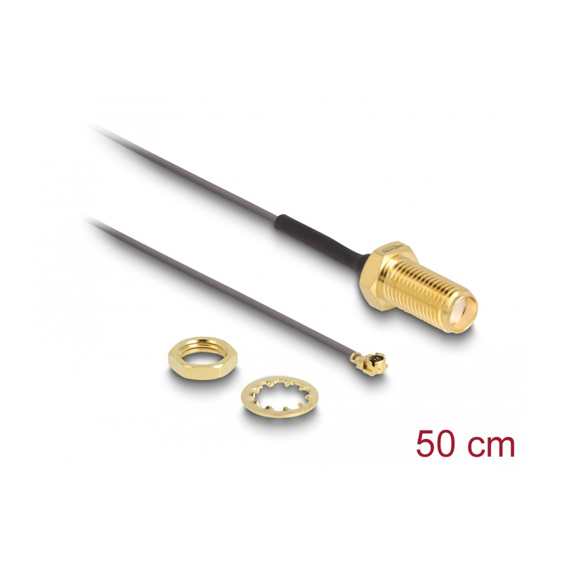 Delock Antennenkabel SMA Buchse zum Einbau zu I-PEX Inc., MHF® I Stecker 1.13 50 cm Gewindelänge 10 mm