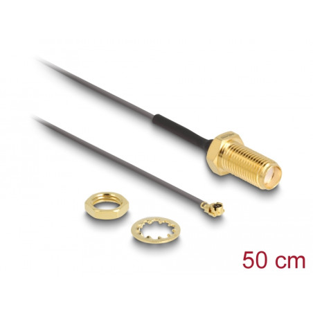 Delock Antennenkabel SMA Buchse zum Einbau zu I-PEX Inc., MHF® I Stecker 1.13 50 cm Gewindelänge 10 mm