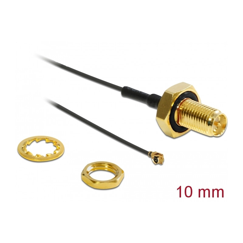 Delock Antennenkabel RP-SMA Buchse zum Einbau zu I-PEX Inc., MHF® I Stecker 1.13 10 cm Gewindelänge 10 mm spritzwassergeschützt