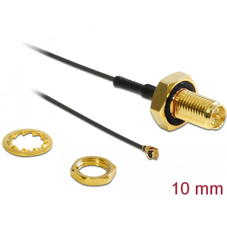 Delock Antennenkabel RP-SMA Buchse zum Einbau zu I-PEX Inc., MHF® I Stecker 1.13 10 cm Gewindelänge 10 mm spritzwassergeschützt