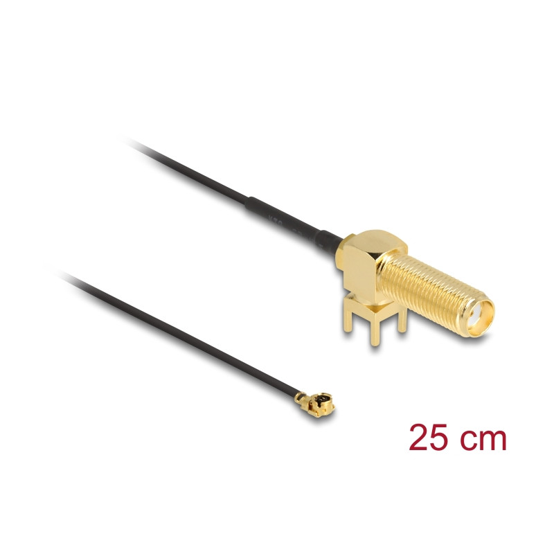 Delock Antennenkabel SMA 90° PCB Buchse zum Einbau zu I-PEX Inc., MHF® I Stecker 1.13 25 cm Gewindelänge 15 mm