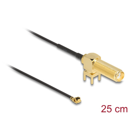 Delock Antennenkabel SMA 90° PCB Buchse zum Einbau zu I-PEX Inc., MHF® I Stecker 1.13 25 cm Gewindelänge 15 mm
