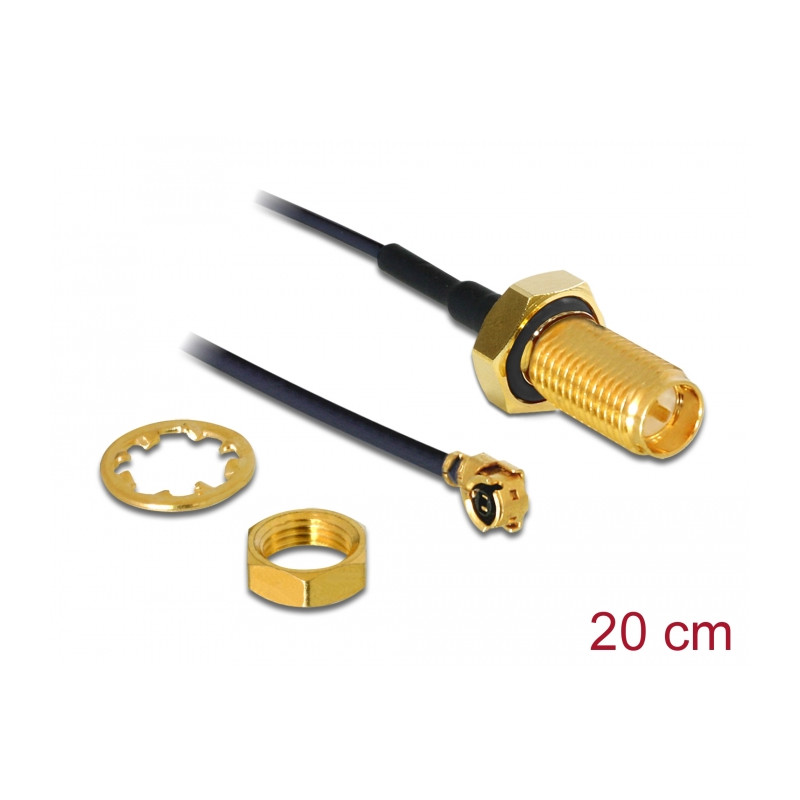 Delock Antennenkabel RP-SMA Buchse zum Einbau zu I-PEX Inc., MHF® I Stecker 1.13 20 cm Gewindelänge 10 mm spritzwassergeschützt