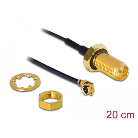 Delock Antennenkabel RP-SMA Buchse zum Einbau zu I-PEX Inc., MHF® I Stecker 1.13 20 cm Gewindelänge 10 mm spritzwassergeschützt