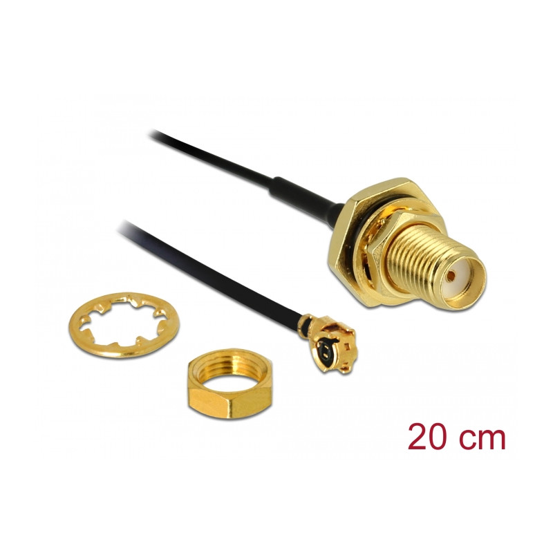 Delock Antennenkabel SMA Buchse zum Einbau zu I-PEX Inc., MHF® I Stecker 1.13 20 cm Gewindelänge 10 mm spritzwassergeschützt