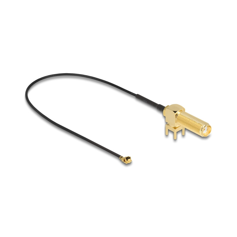 Delock Antennenkabel SMA 90° PCB Buchse zum Einbau zu I-PEX Inc., MHF® I Stecker 1.13 25 cm Gewindelänge 15 mm