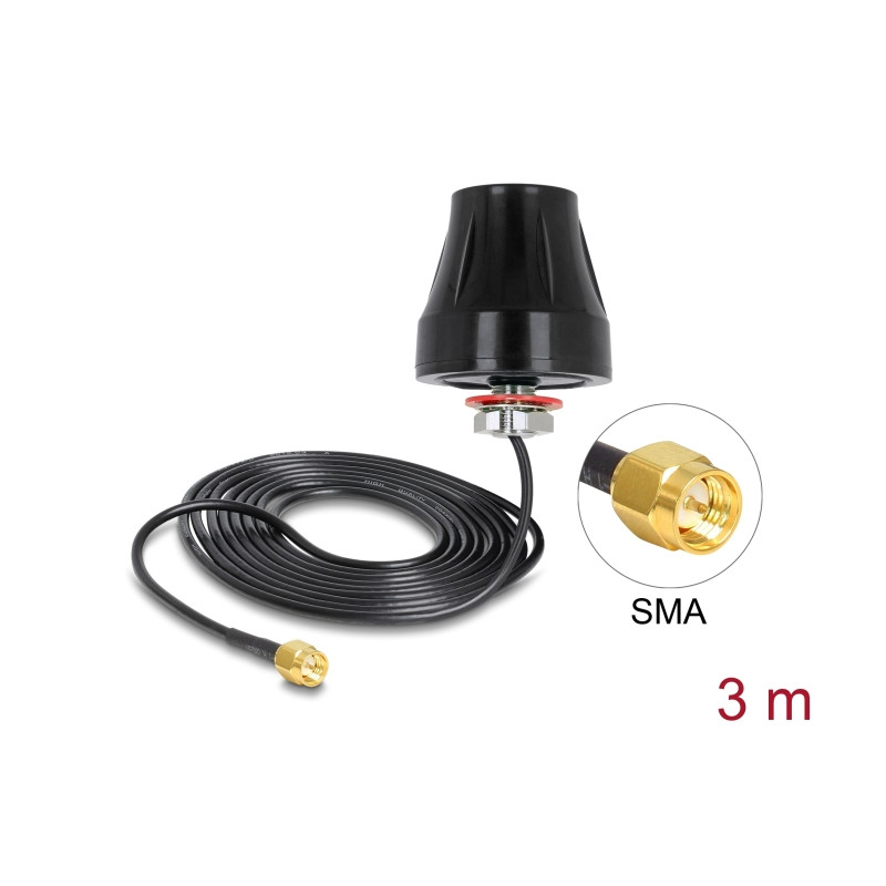 Delock LTE / GSM / UMTS Antenne SMA Stecker 2 dBi starr omnidirektional mit Anschlusskabel (RG-174, 3 m) outdoor schwarz