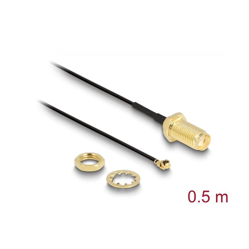 Delock Antennenkabel SMA Buchse zum Einbau zu I-PEX Inc., MHF® I Stecker 1.37 50 cm Gewindelänge 10 mm