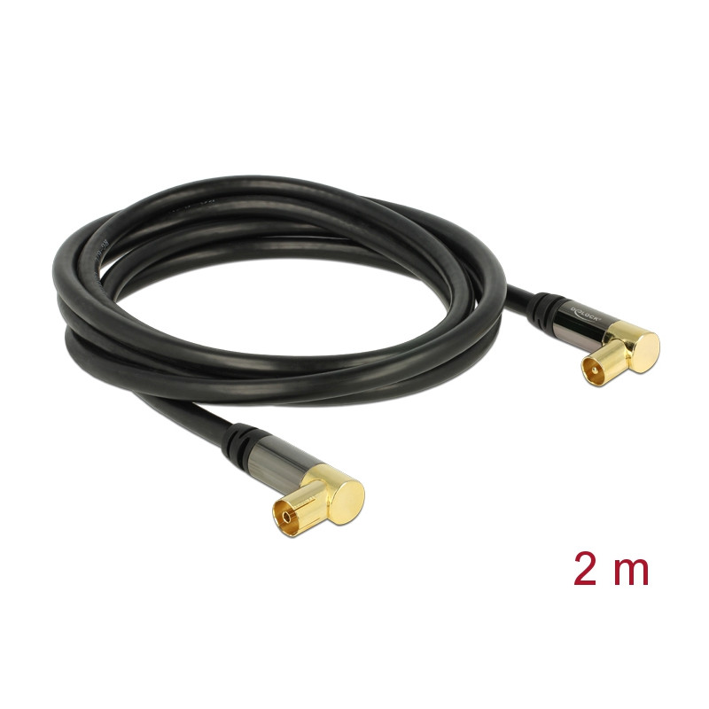 Delock Antennenkabel IEC Stecker gewinkelt - IEC Buchse gewinkelt RG-6/U 2 m schwarz
