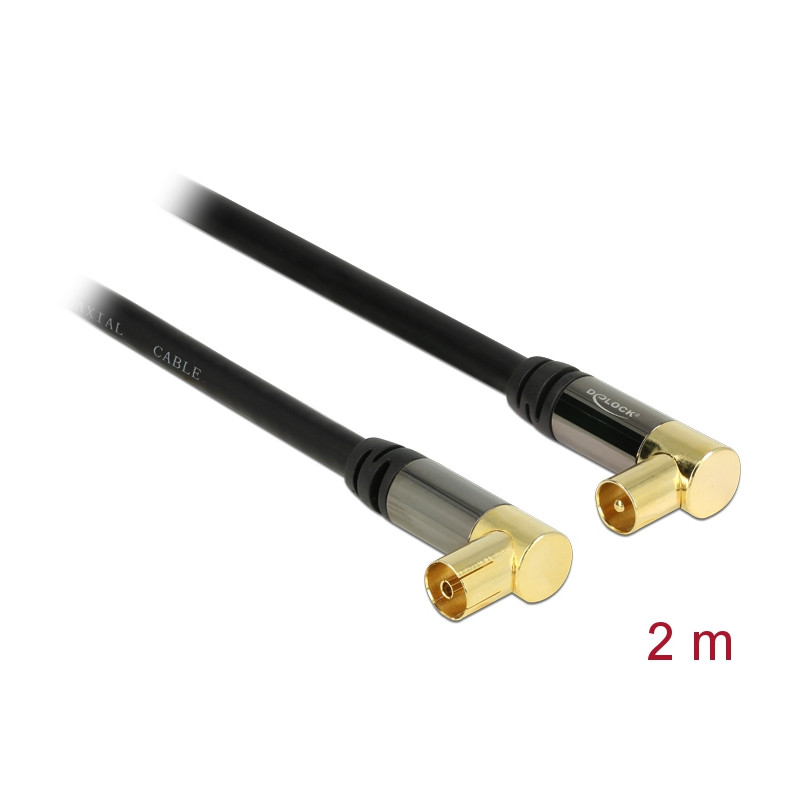 Delock Antennenkabel IEC Stecker gewinkelt - IEC Buchse gewinkelt RG-6/U 2 m schwarz