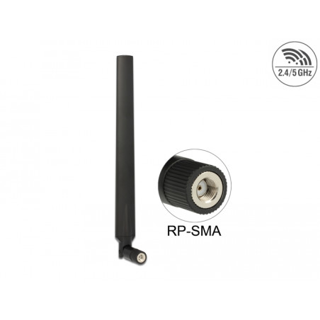 Delock WLAN 802.11 ac/a/h/b/g/n Antenne RP-SMA Stecker 5 - 7 dBi omnidirektional mit Kippgelenk schwarz