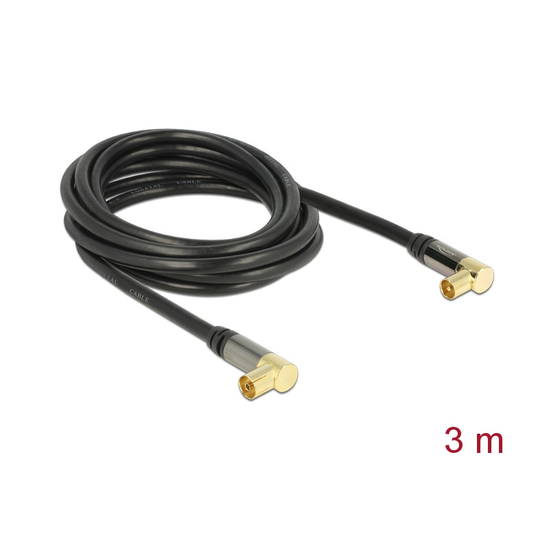 Delock Antennenkabel IEC Stecker gewinkelt - IEC Buchse gewinkelt RG-6/U 3 m schwarz