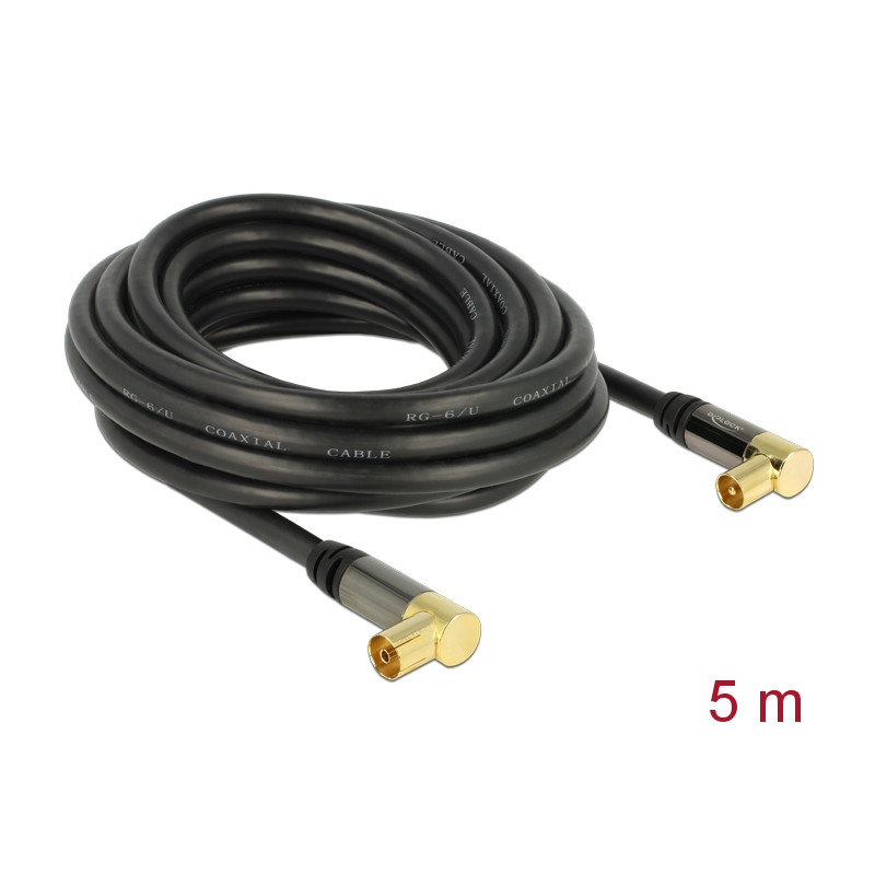 Delock Antennenkabel IEC Stecker gewinkelt - IEC Buchse gewinkelt RG-6/U 5 m schwarz