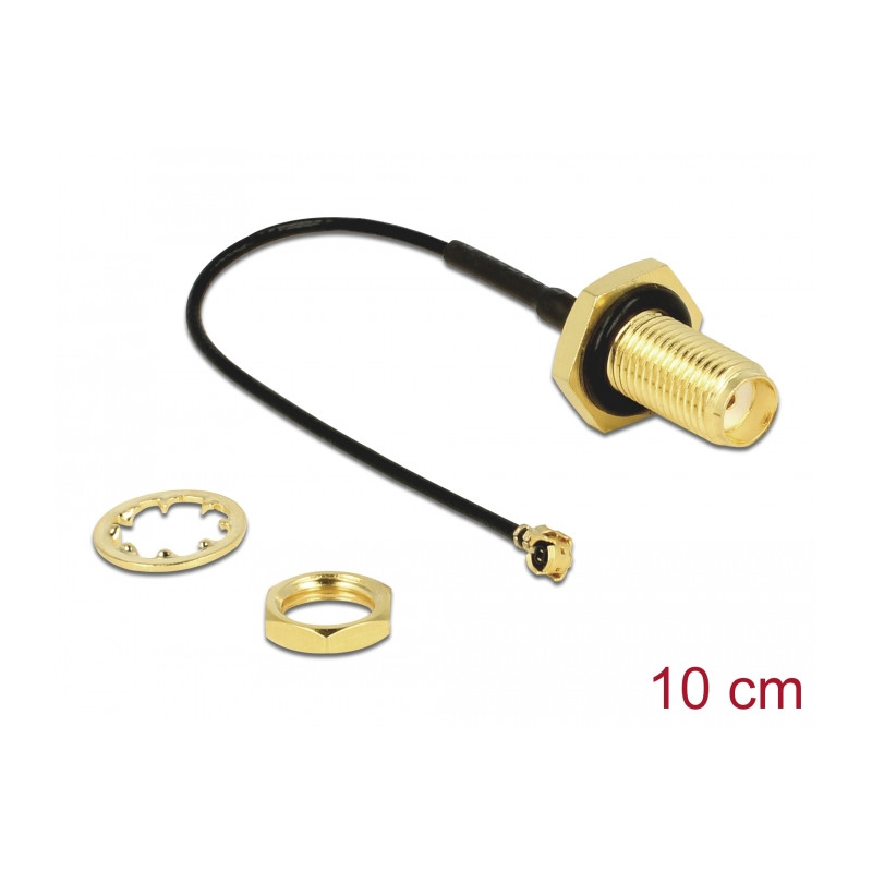 Delock Antennenkabel SMA Buchse zum Einbau zu I-PEX Inc., MHF® I Stecker 1.13 10 cm Gewindelänge 10 mm spritzwassergeschützt
