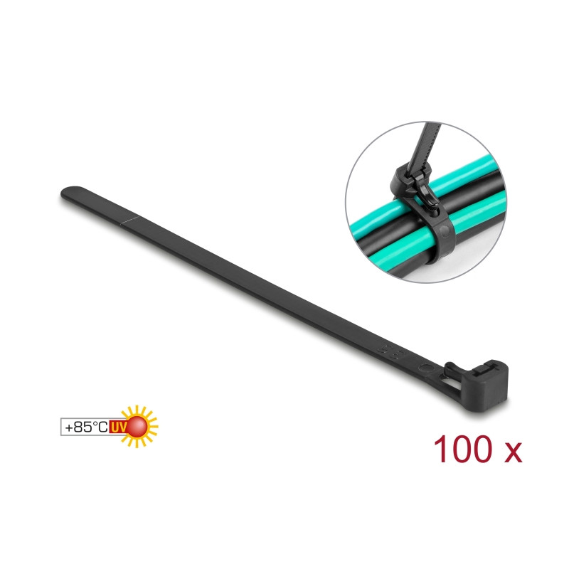 Delock Kabelbinder wiederverwendbar hitzebeständig L 150 x B 7,5 mm 100 Stück schwarz