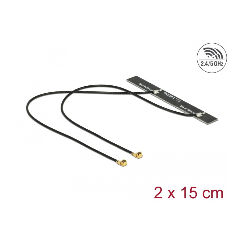 Delock Dualband WLAN WiFi 6 Doppelantenne 2 x I-PEX Inc., MHF® I Stecker 5 dBi 2 x 15 cm PCB intern Klebemontage