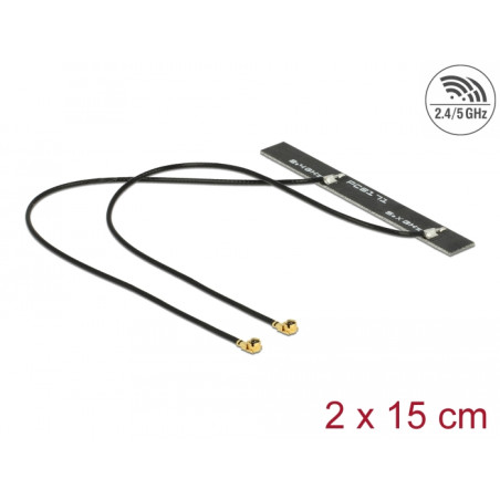 Delock Dualband WLAN WiFi 6 Doppelantenne 2 x I-PEX Inc., MHF® I Stecker 5 dBi 2 x 15 cm PCB intern Klebemontage